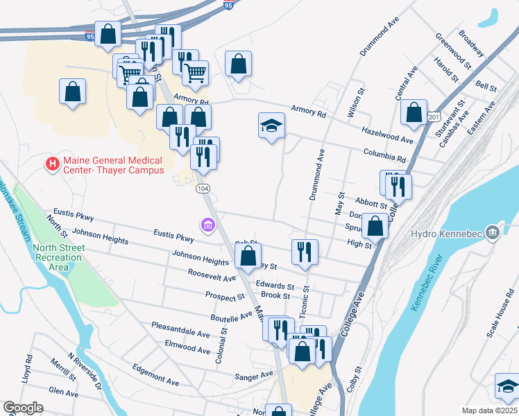 map of restaurants, bars, coffee shops, grocery stores, and more near 58 High Street in Waterville