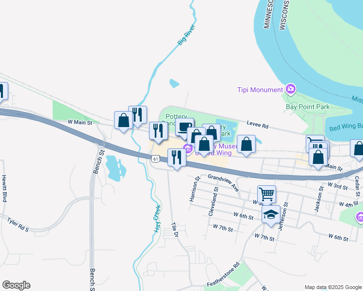map of restaurants, bars, coffee shops, grocery stores, and more near 240 Harrison Street in Red Wing