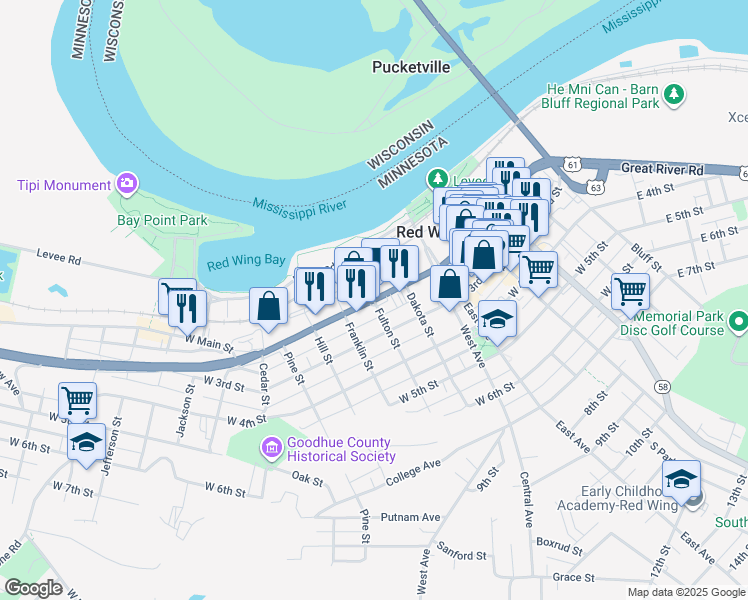 map of restaurants, bars, coffee shops, grocery stores, and more near 212 Fulton Street in Red Wing