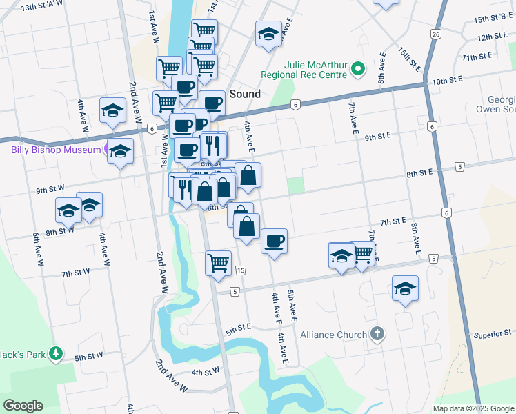 map of restaurants, bars, coffee shops, grocery stores, and more near 786 4th Avenue East in Owen Sound