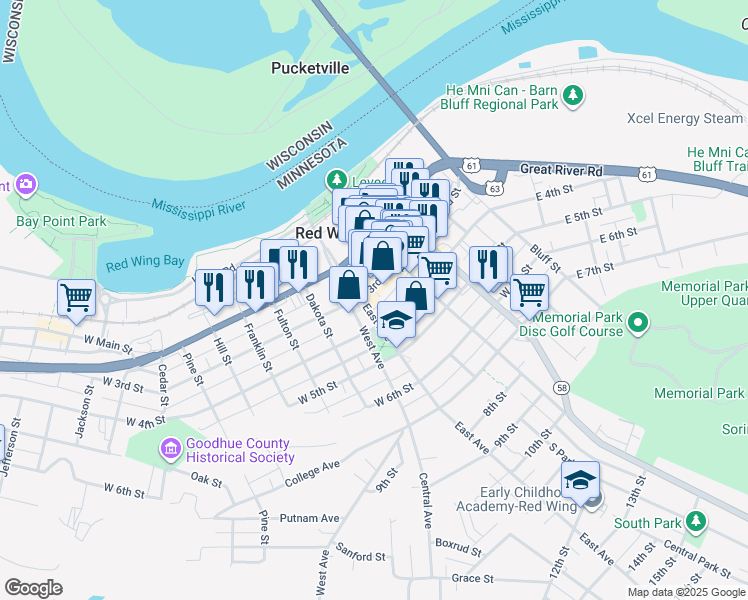 map of restaurants, bars, coffee shops, grocery stores, and more near 443 West 3rd Street in Red Wing
