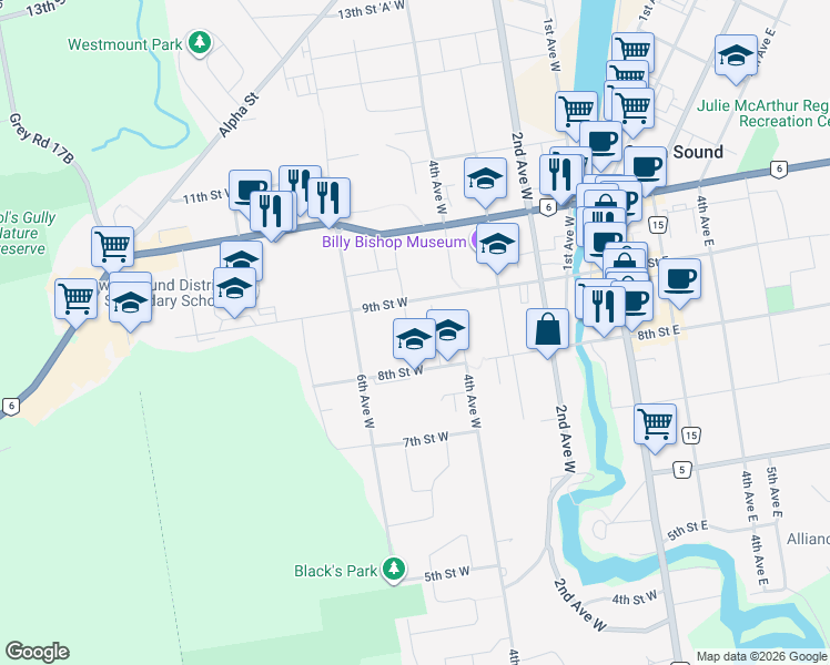 map of restaurants, bars, coffee shops, grocery stores, and more near 825 5th Avenue West in Owen Sound