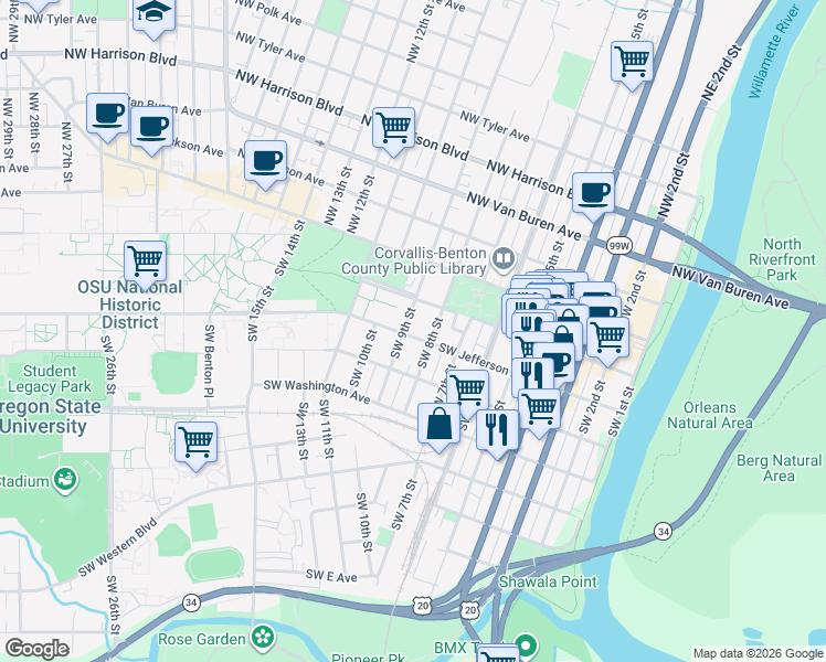map of restaurants, bars, coffee shops, grocery stores, and more near 327 Southwest 9th Street in Corvallis