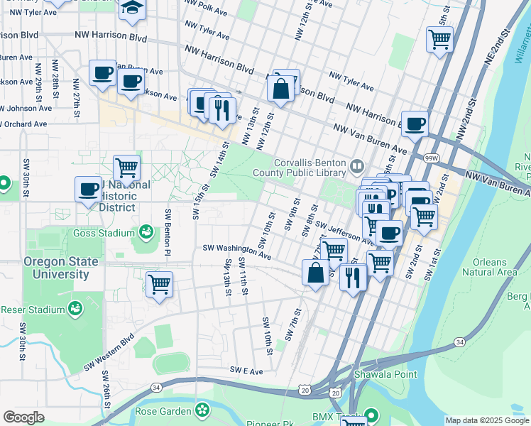 map of restaurants, bars, coffee shops, grocery stores, and more near 342 Southwest 10th Street in Corvallis