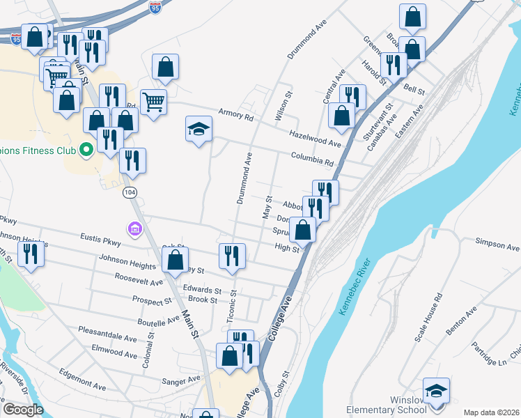 map of restaurants, bars, coffee shops, grocery stores, and more near 25 Spruce Street in Waterville