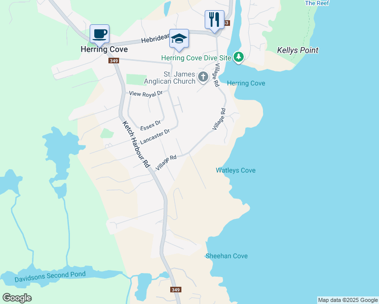 map of restaurants, bars, coffee shops, grocery stores, and more near Village Road in Herring Cove