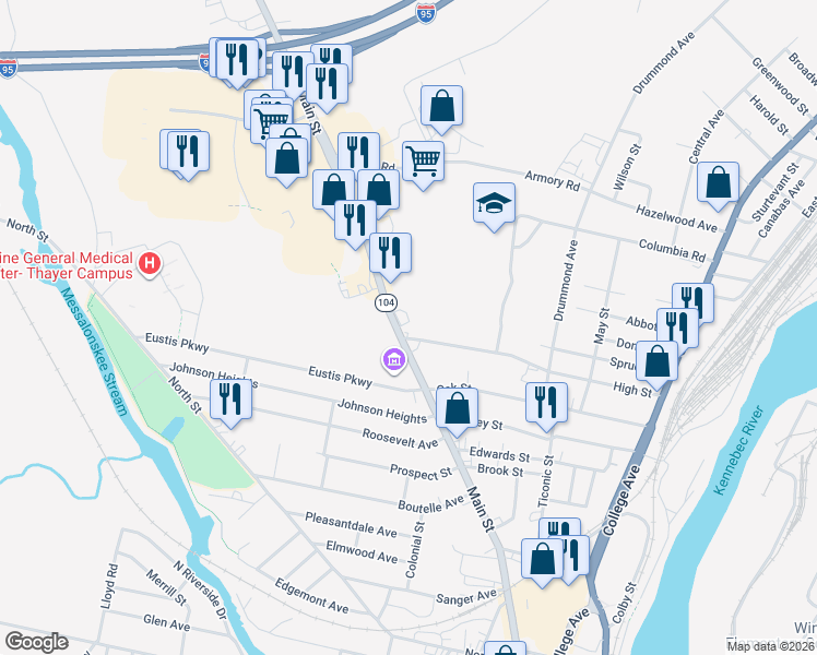 map of restaurants, bars, coffee shops, grocery stores, and more near 94-96 Hughey Street in Waterville