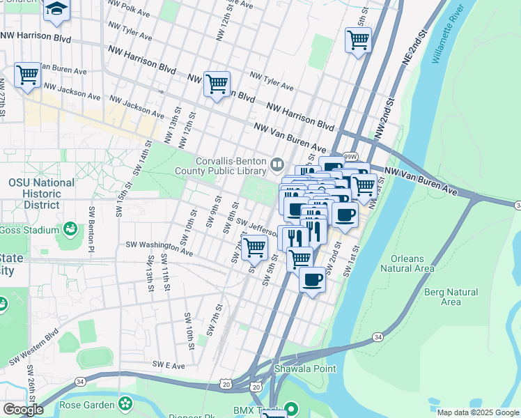map of restaurants, bars, coffee shops, grocery stores, and more near 660 Southwest Madison Avenue in Corvallis