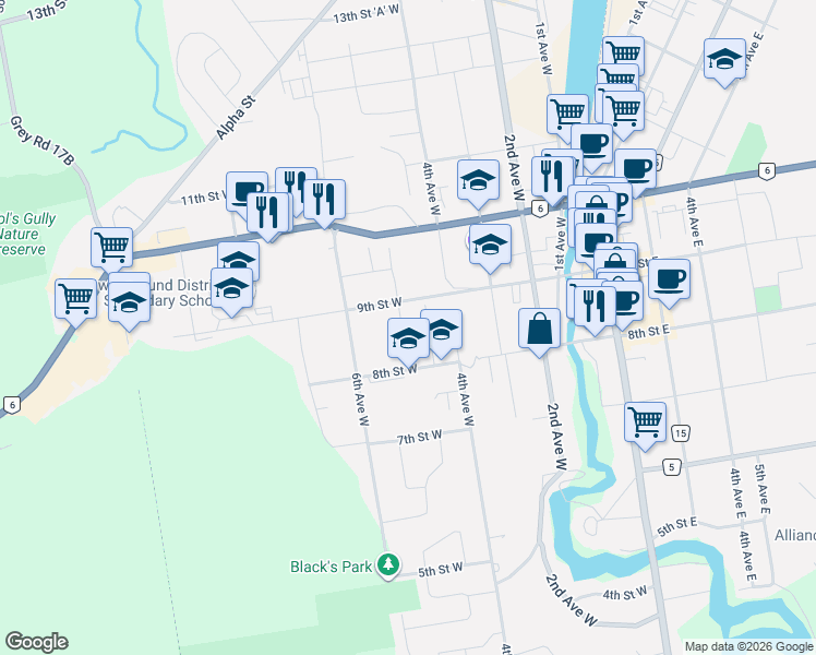 map of restaurants, bars, coffee shops, grocery stores, and more near 863 5th Avenue West in Owen Sound