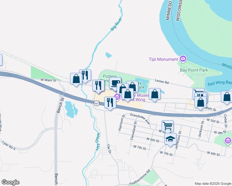 map of restaurants, bars, coffee shops, grocery stores, and more near 240 Harrison Street in Red Wing
