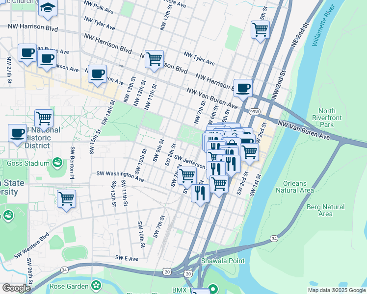 map of restaurants, bars, coffee shops, grocery stores, and more near 700 Southwest Madison Avenue in Corvallis