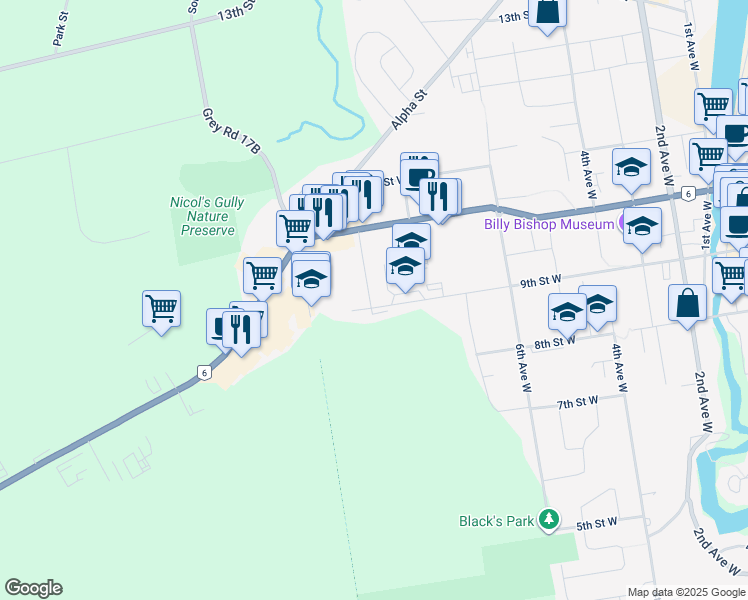 map of restaurants, bars, coffee shops, grocery stores, and more near 917 8th Avenue West in Owen Sound