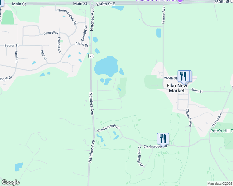 map of restaurants, bars, coffee shops, grocery stores, and more near 26525 Pond Court in Elko New Market