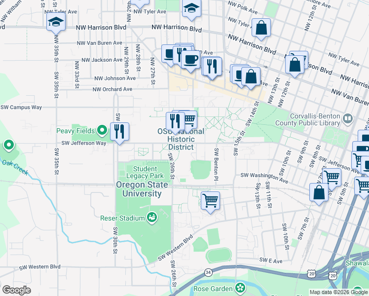 map of restaurants, bars, coffee shops, grocery stores, and more near in Corvallis