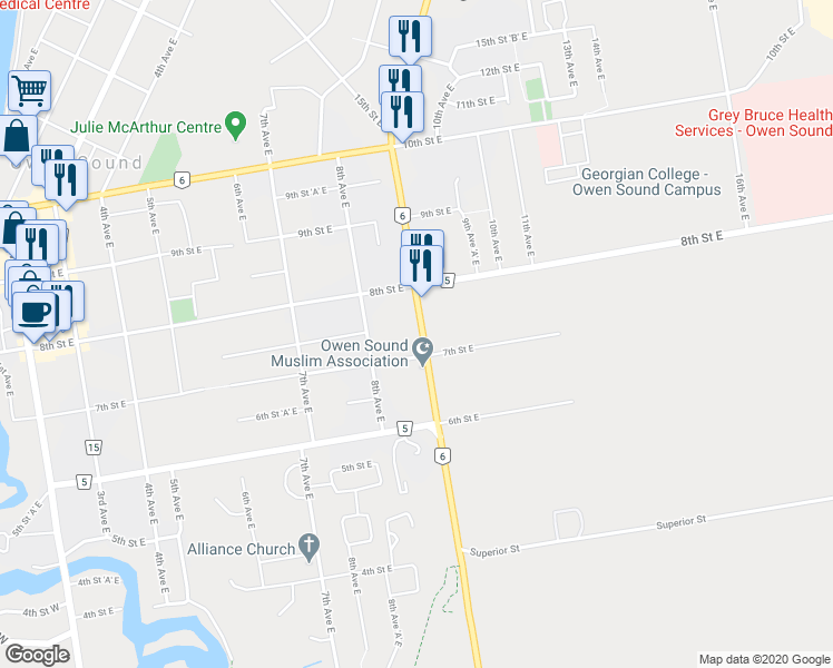 map of restaurants, bars, coffee shops, grocery stores, and more near 730 Ontario 6 in Owen Sound