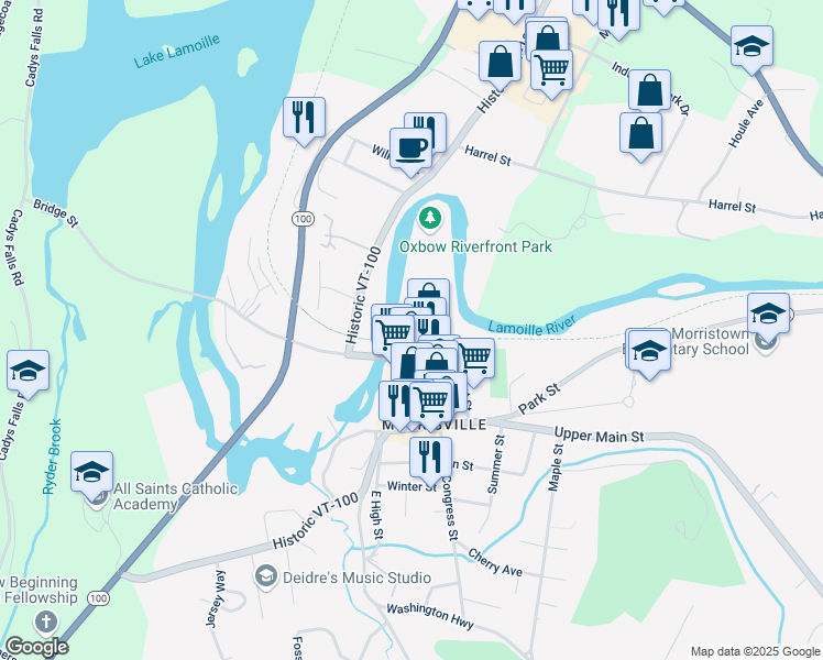 map of restaurants, bars, coffee shops, grocery stores, and more near Foundry Street in Morristown