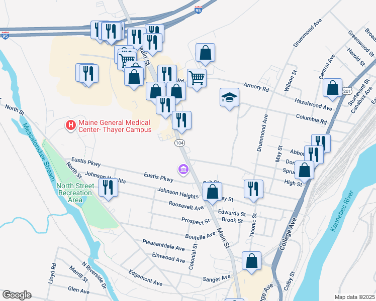 map of restaurants, bars, coffee shops, grocery stores, and more near 321 Main Street in Waterville
