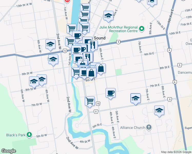 map of restaurants, bars, coffee shops, grocery stores, and more near 314 8th Street East in Owen Sound