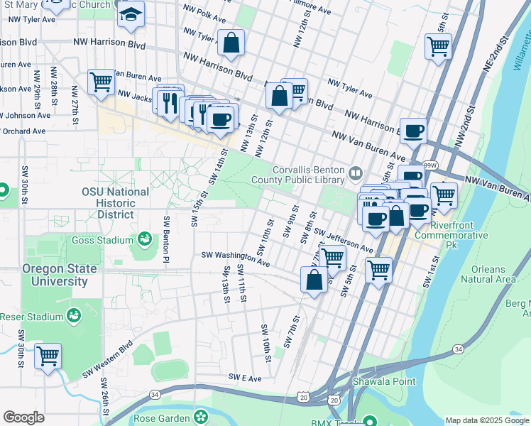map of restaurants, bars, coffee shops, grocery stores, and more near in Corvallis