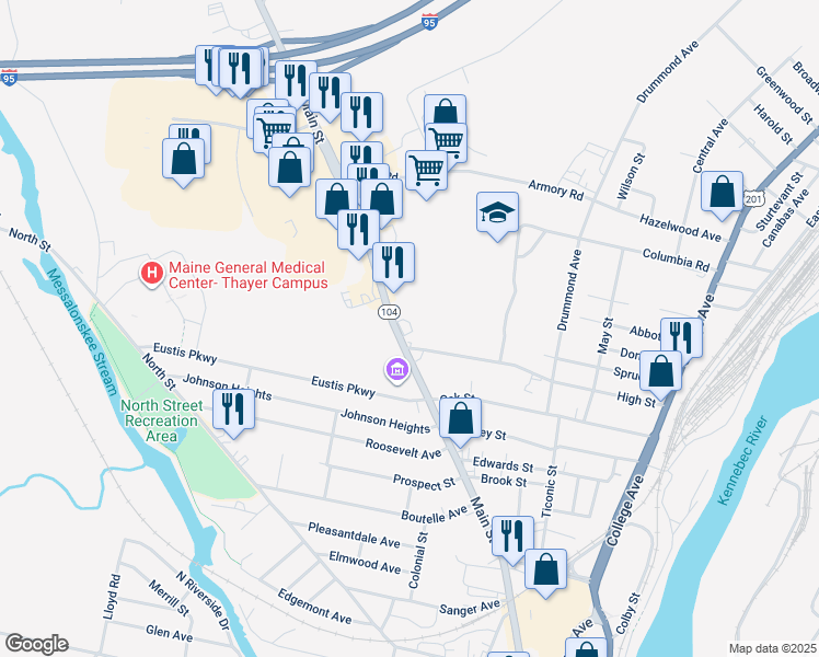 map of restaurants, bars, coffee shops, grocery stores, and more near 321 Main Street in Waterville