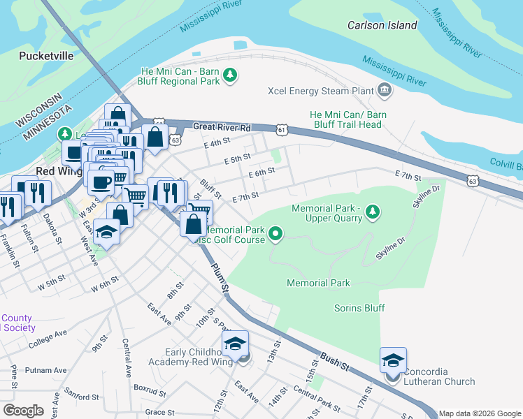 map of restaurants, bars, coffee shops, grocery stores, and more near 201 East 7th Street in Red Wing