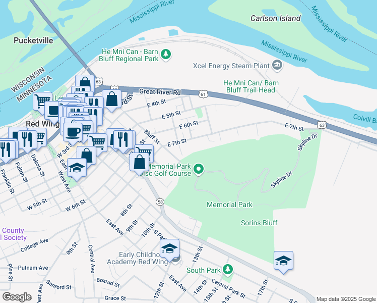 map of restaurants, bars, coffee shops, grocery stores, and more near 201 East 7th Street in Red Wing