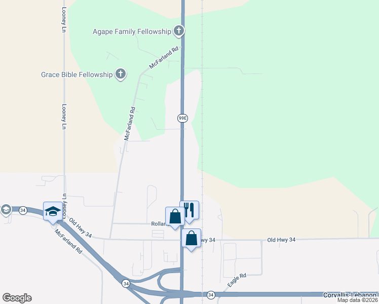 map of restaurants, bars, coffee shops, grocery stores, and more near 33845 Oregon 99E in Tangent