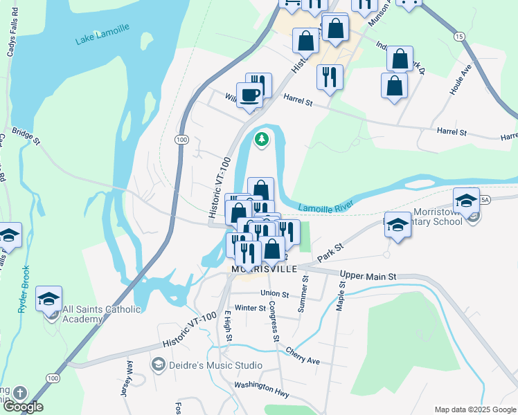 map of restaurants, bars, coffee shops, grocery stores, and more near Foundry Street in Morristown