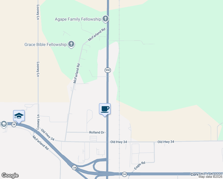 map of restaurants, bars, coffee shops, grocery stores, and more near 33845 Oregon 99E in Tangent