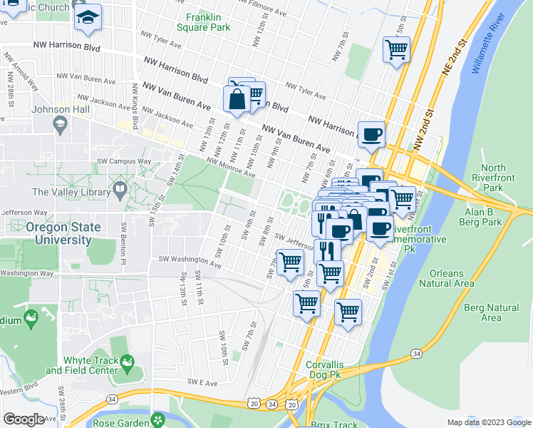 map of restaurants, bars, coffee shops, grocery stores, and more near in Corvallis