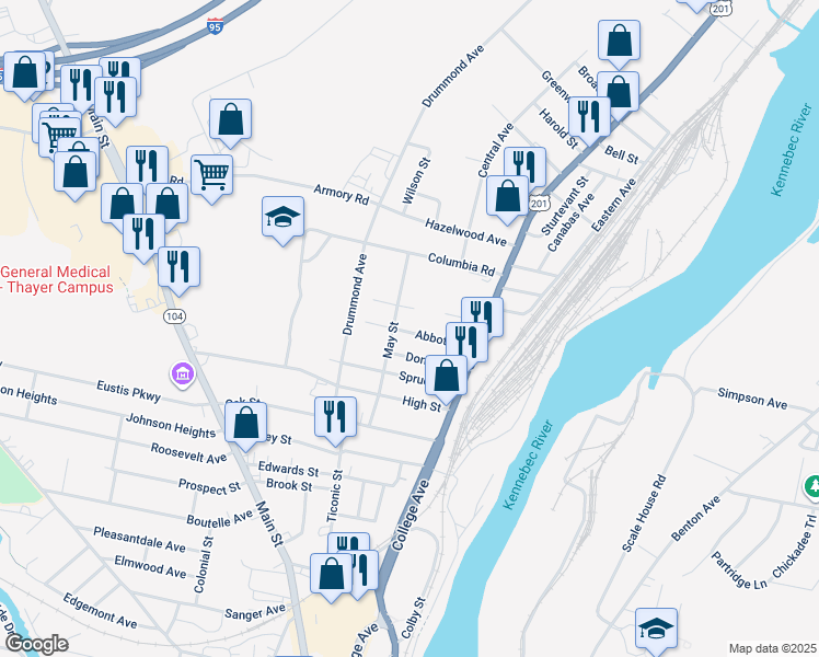 map of restaurants, bars, coffee shops, grocery stores, and more near 2 Linden Street in Waterville