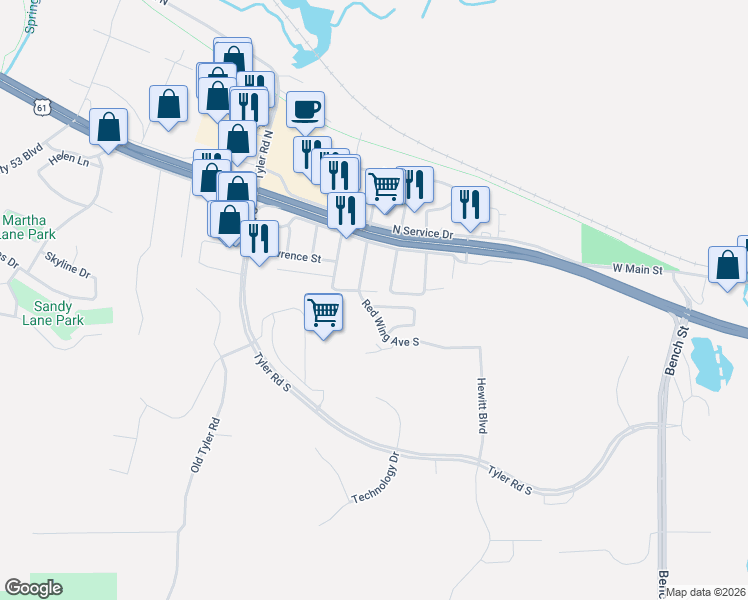 map of restaurants, bars, coffee shops, grocery stores, and more near 149 Red Wing Avenue South in Red Wing