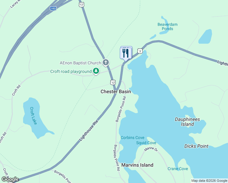 map of restaurants, bars, coffee shops, grocery stores, and more near in Chester Basin