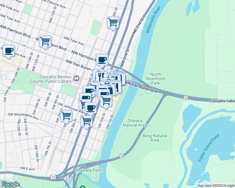 map of restaurants, bars, coffee shops, grocery stores, and more near 144 Northwest 2nd Street in Corvallis