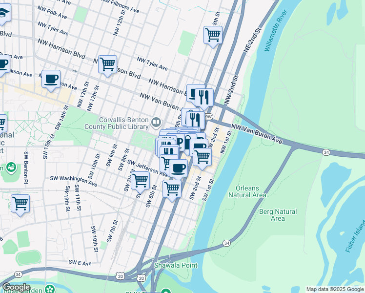 map of restaurants, bars, coffee shops, grocery stores, and more near in Corvallis