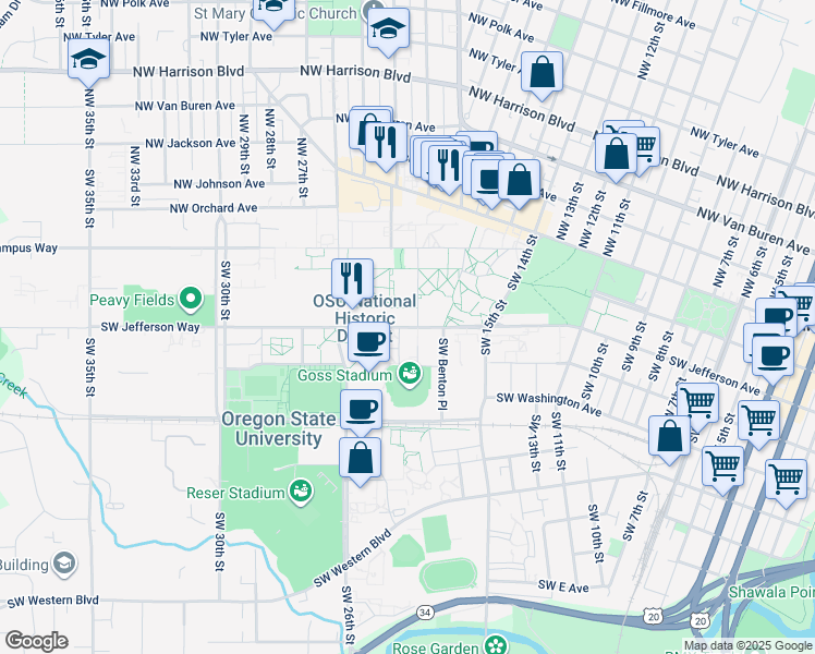map of restaurants, bars, coffee shops, grocery stores, and more near Southwest Jefferson Way in Corvallis