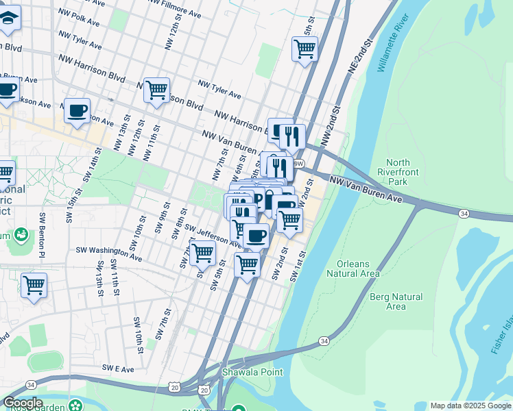 map of restaurants, bars, coffee shops, grocery stores, and more near in Corvallis