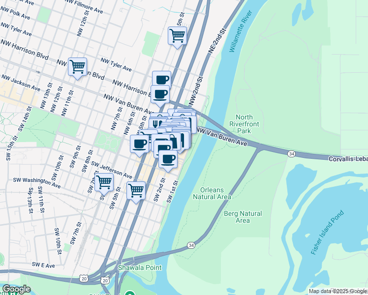 map of restaurants, bars, coffee shops, grocery stores, and more near 144 Northwest 2nd Street in Corvallis