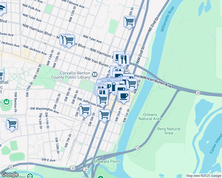 map of restaurants, bars, coffee shops, grocery stores, and more near in Corvallis