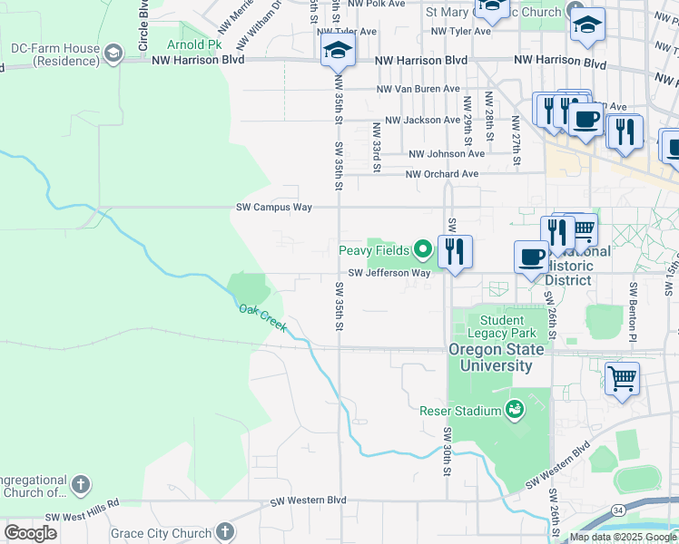 map of restaurants, bars, coffee shops, grocery stores, and more near 345-387 SW 35th St in Corvallis