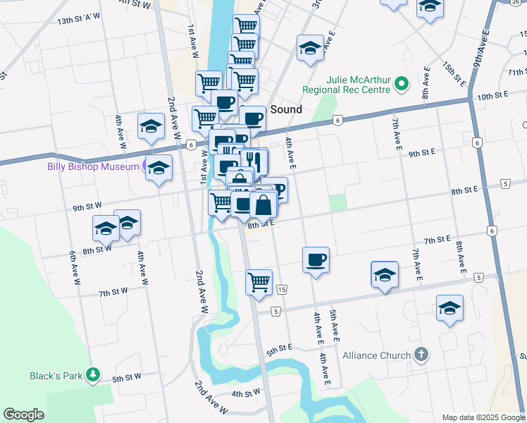 map of restaurants, bars, coffee shops, grocery stores, and more near 870 3rd Avenue East in Owen Sound