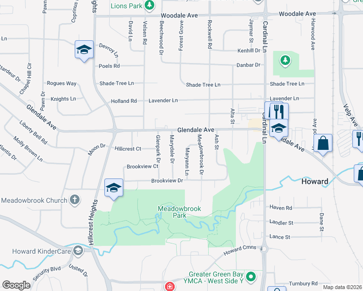 map of restaurants, bars, coffee shops, grocery stores, and more near 863 Maryann Lane in Green Bay