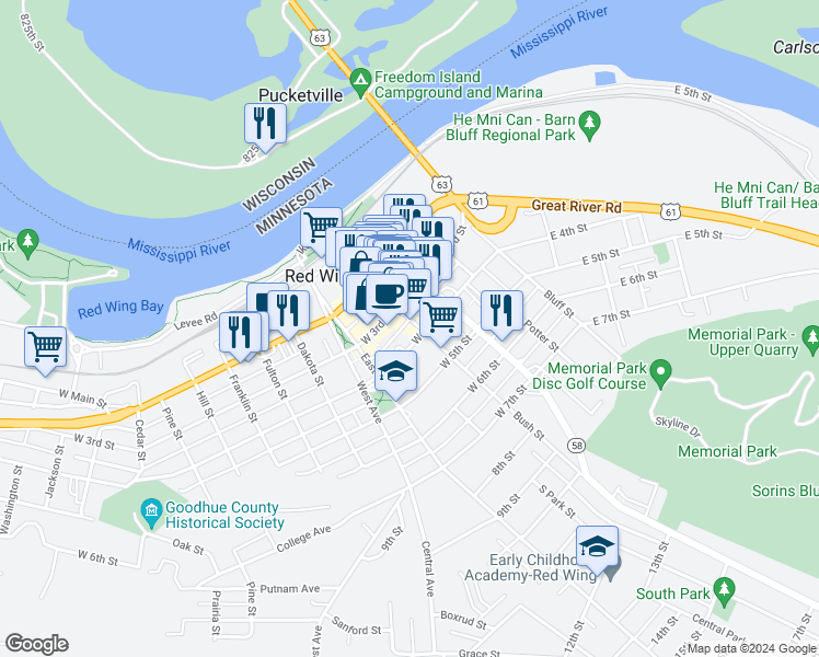 map of restaurants, bars, coffee shops, grocery stores, and more near 313 Bush Street in Red Wing