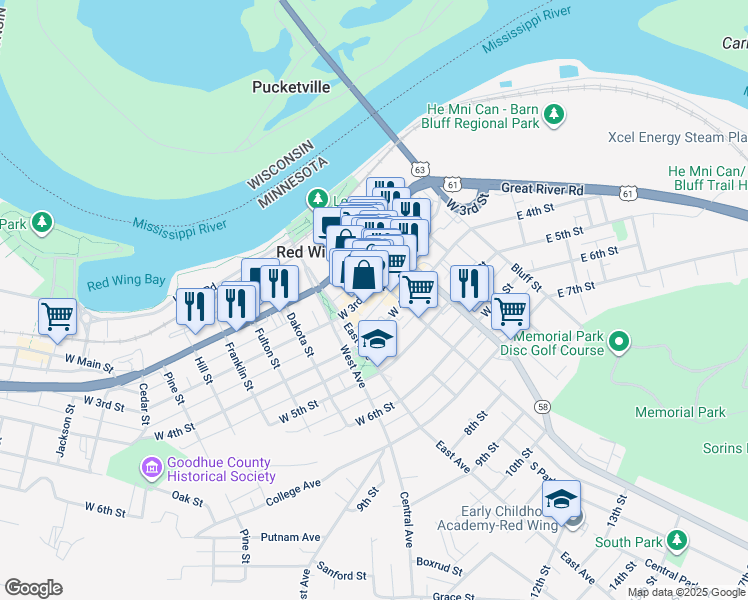 map of restaurants, bars, coffee shops, grocery stores, and more near 313 Bush Street in Red Wing