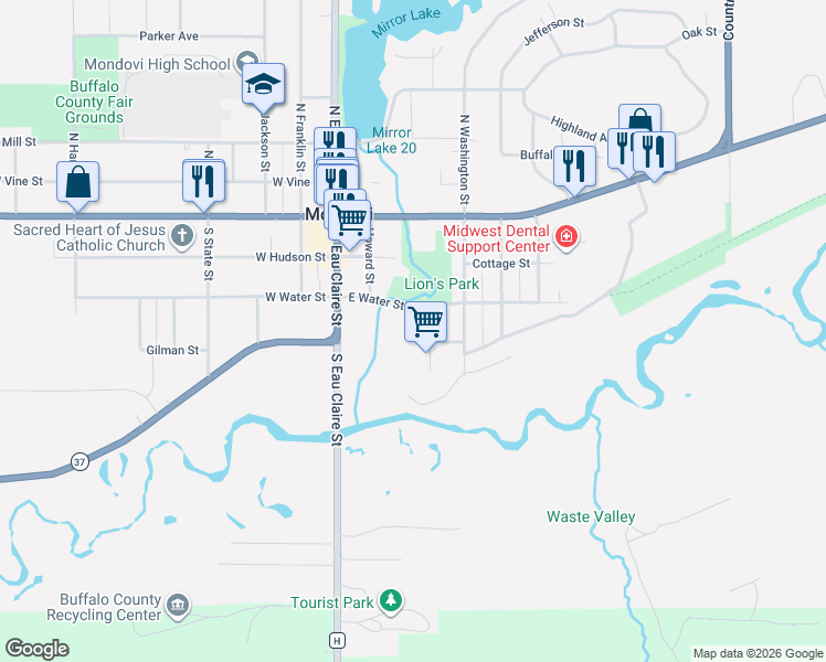 map of restaurants, bars, coffee shops, grocery stores, and more near 223 East Water Street in Mondovi