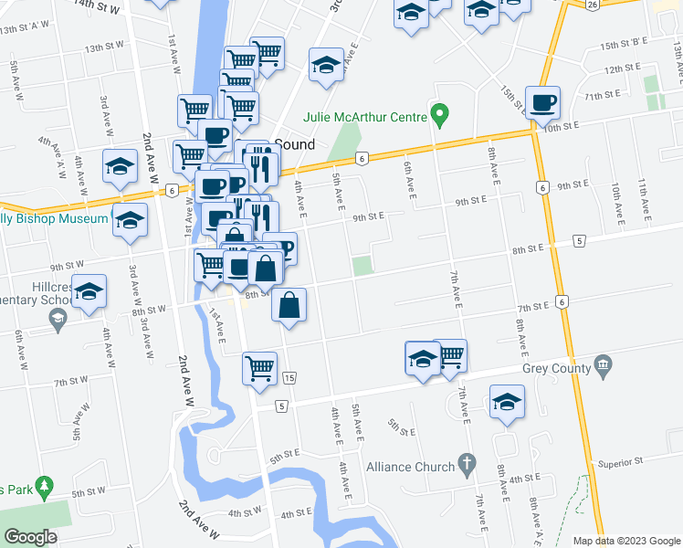 map of restaurants, bars, coffee shops, grocery stores, and more near 474 8th Street East in Owen Sound