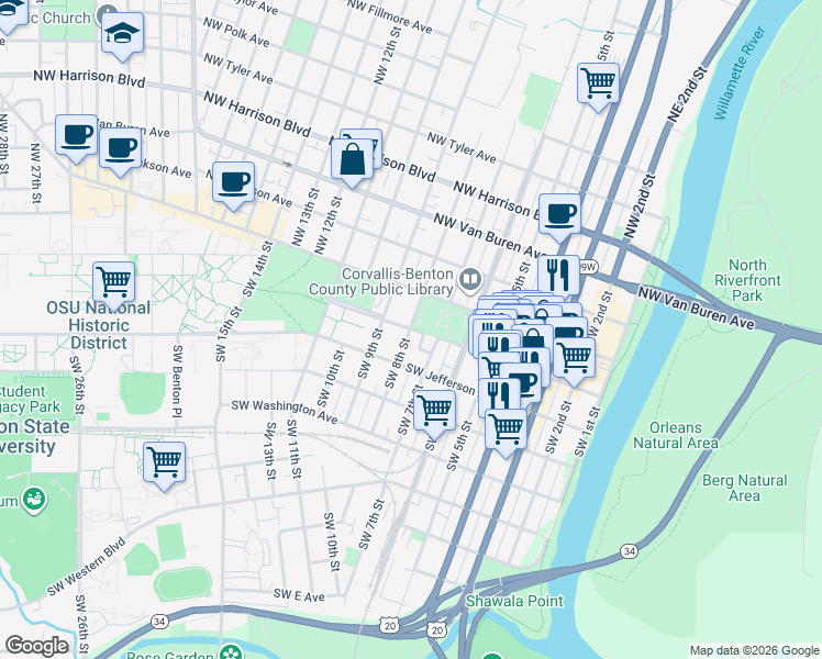 map of restaurants, bars, coffee shops, grocery stores, and more near in Corvallis