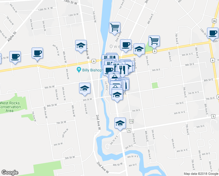 map of restaurants, bars, coffee shops, grocery stores, and more near 876 2nd Avenue East in Owen Sound
