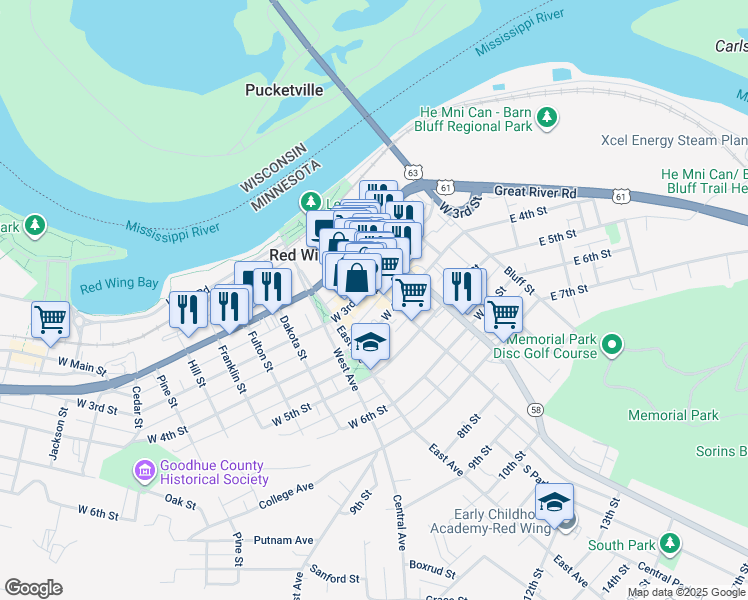 map of restaurants, bars, coffee shops, grocery stores, and more near 313 Bush Street in Red Wing