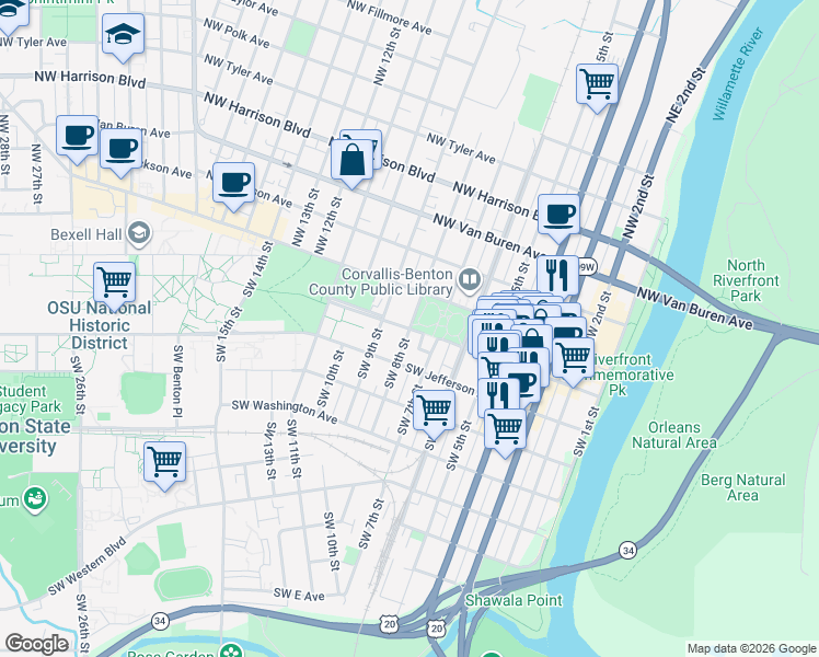 map of restaurants, bars, coffee shops, grocery stores, and more near in Corvallis